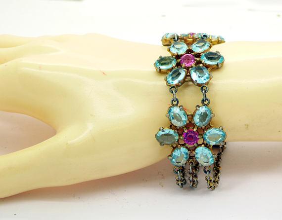 Pink and Blue Open Back Crystal Flower Bracelet