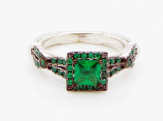 Art Deco Emerald Quartz Sterling Silver Ring, Size 6
