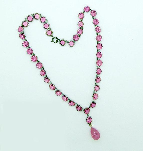 Vintage Art Deco Open Back Pink Crystal Dropper Choker Necklace - Vintage Lane Jewelry