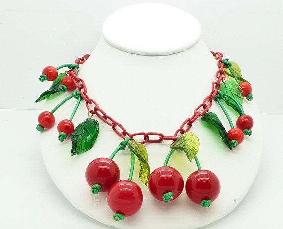 Cherry Bakelite Celluloid Necklace Green Glass Leaves