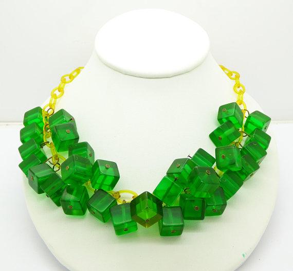 Bakelite Green Prystal Cubes Celluloid Chain Drop Necklace