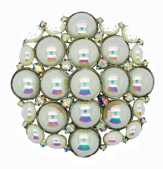 Massive Marie Ferra White Aurora Borealis Cabochon Rhinestone Brooch