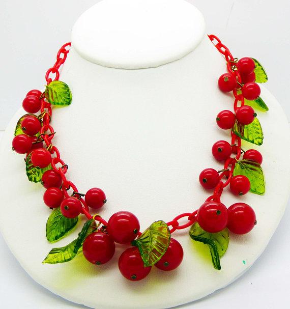 Cherry Bakelite Celluloid Necklace Green Glass Leaves