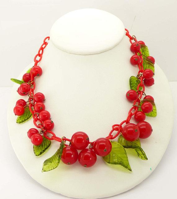 Cherry Bakelite Celluloid Necklace Green Glass Leaves - Vintage Lane Jewelry