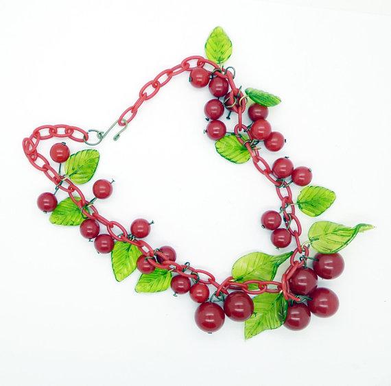 Cherry Bakelite Celluloid Necklace Green Glass Leaves - Vintage Lane Jewelry