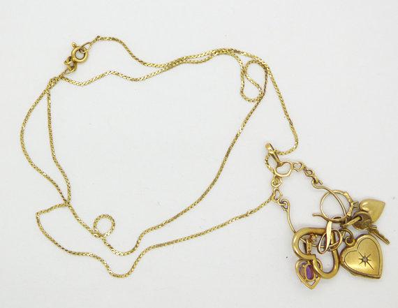 14k Gold Hearts Charm Holder Necklace - Vintage Lane Jewelry