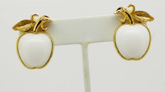 Vintage Crown Trifari Milk Glass Apple Clip Earrings