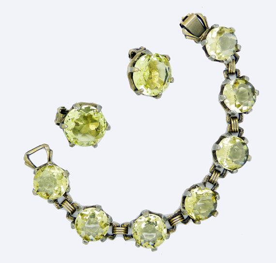 Vintage Citrine Glass Headlight Bracelet and Clip Earrings