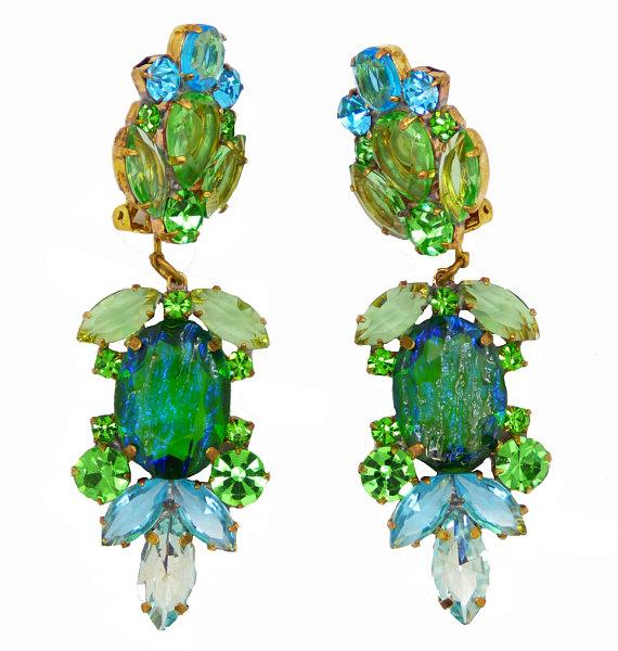 Large Czech Glass Dangling Clipe Earrings Aqua Blue and Soft Green