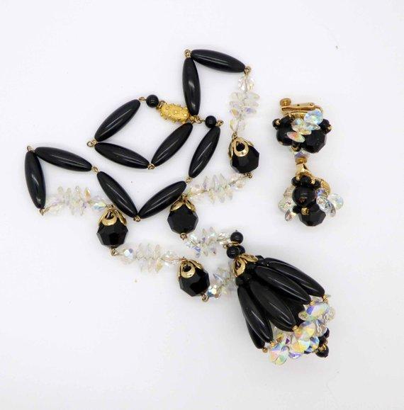 Vintage Vendome AB Crystal Black Beaded Necklace and Clip Earrings - Vintage Lane Jewelry