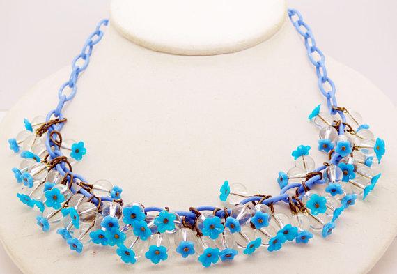 Vintage Blue Celluloid and Clear Glass Bead Necklace - Vintage Lane Jewelry