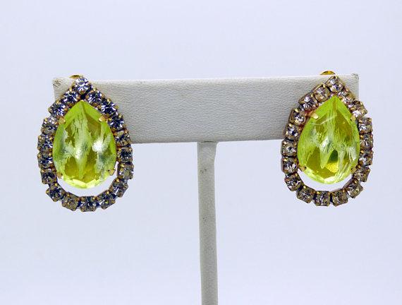 Czech Vaseline Uranium Glass Kutz CZ Rhinestone Bracelet and Clip Earring Set - Vintage Lane Jewelry
