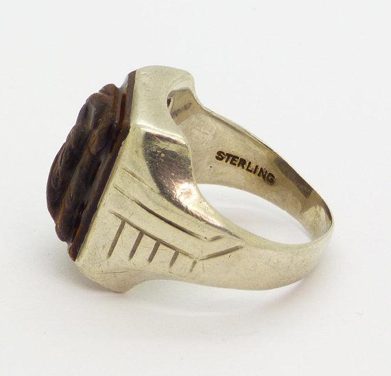 Vintage Sterling Silver Art Deco Men's Tiger's Eye Cameo Centurion Ring - Vintage Lane Jewelry