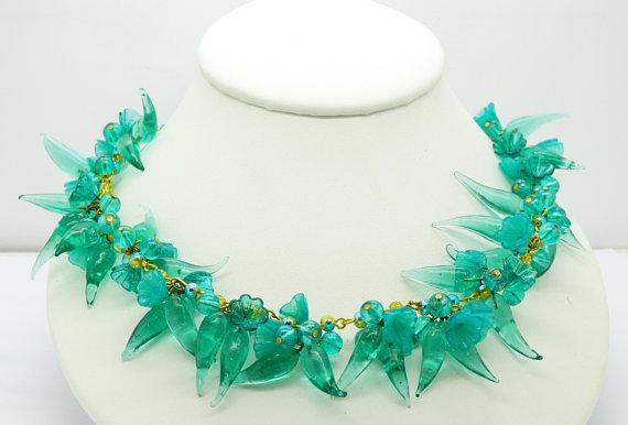 Teal Glass Beaded Flower Charm Necklace