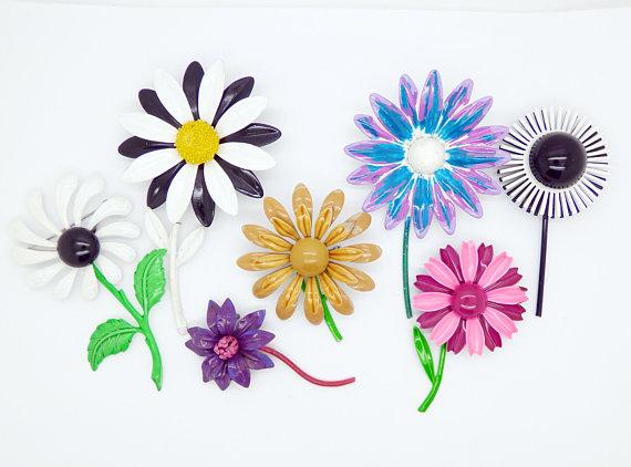 Enamel Flowers with Stems Lot, 7 pins, Flower Brooches