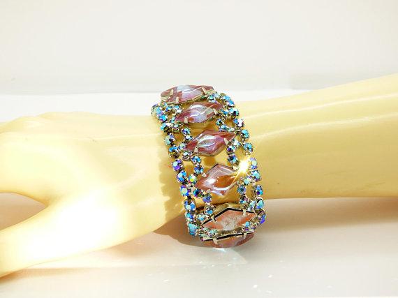 Vintage Juliana D&E DeLizza Elster Saphiret AB Rhinestone Bracelet and Clip Earrings - Vintage Lane Jewelry