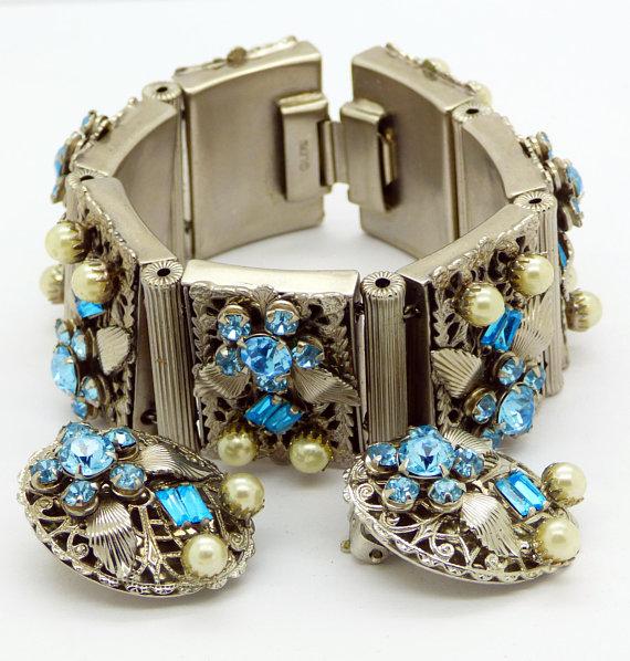 Vintage Leru Silver Tone Blue Rhinestone and Faux Pearl Panel Bracelet and Clip Earrings