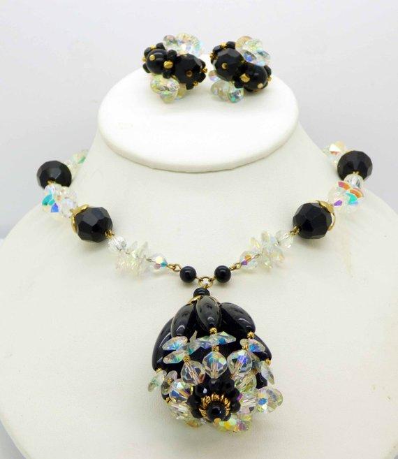 Vintage Vendome AB Crystal Black Beaded Necklace and Clip Earrings - Vintage Lane Jewelry
