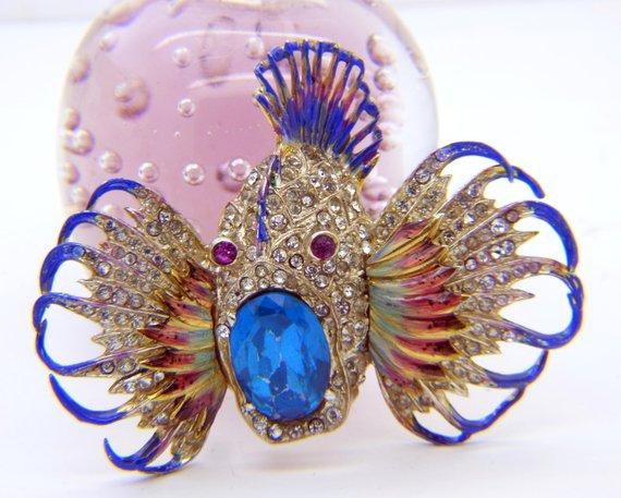 Coro Sterling Rock Fish, Adolph Katz, Enamel Rhinestone Brooch, Book Piece - Vintage Lane Jewelry