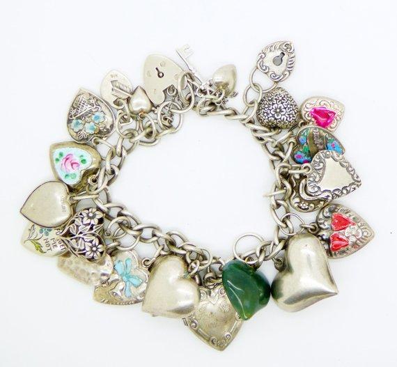 Vintage Puffy Hearts Sterling Silver Charm Bracelet