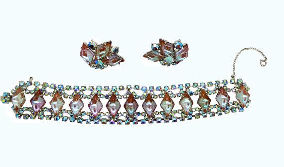 Vintage Juliana D&E DeLizza Elster Saphiret AB Rhinestone Bracelet and Clip Earrings - Vintage Lane Jewelry