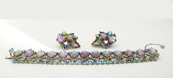 Vintage Juliana D&E DeLizza Elster Saphiret AB Rhinestone Bracelet and Clip Earrings - Vintage Lane Jewelry