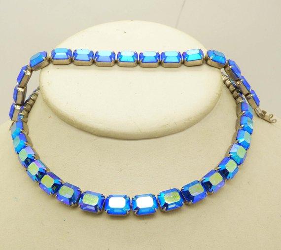 Vintage Weiss Metallic Blue AB Baguette Necklace and Bracelet