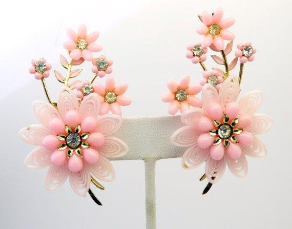 Coro Pink Plastic Rhinestone Flower Clip Earrings