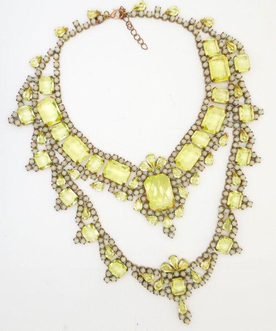 Czech Husar D Vaseline Uranium Glass Statement Necklace - Vintage Lane Jewelry