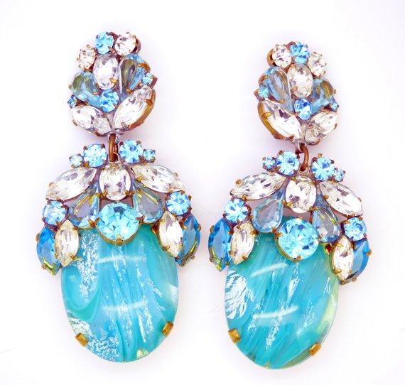 Czech Glass Massive Dangling Clip Earrings Aqua Blue and Clear Stones