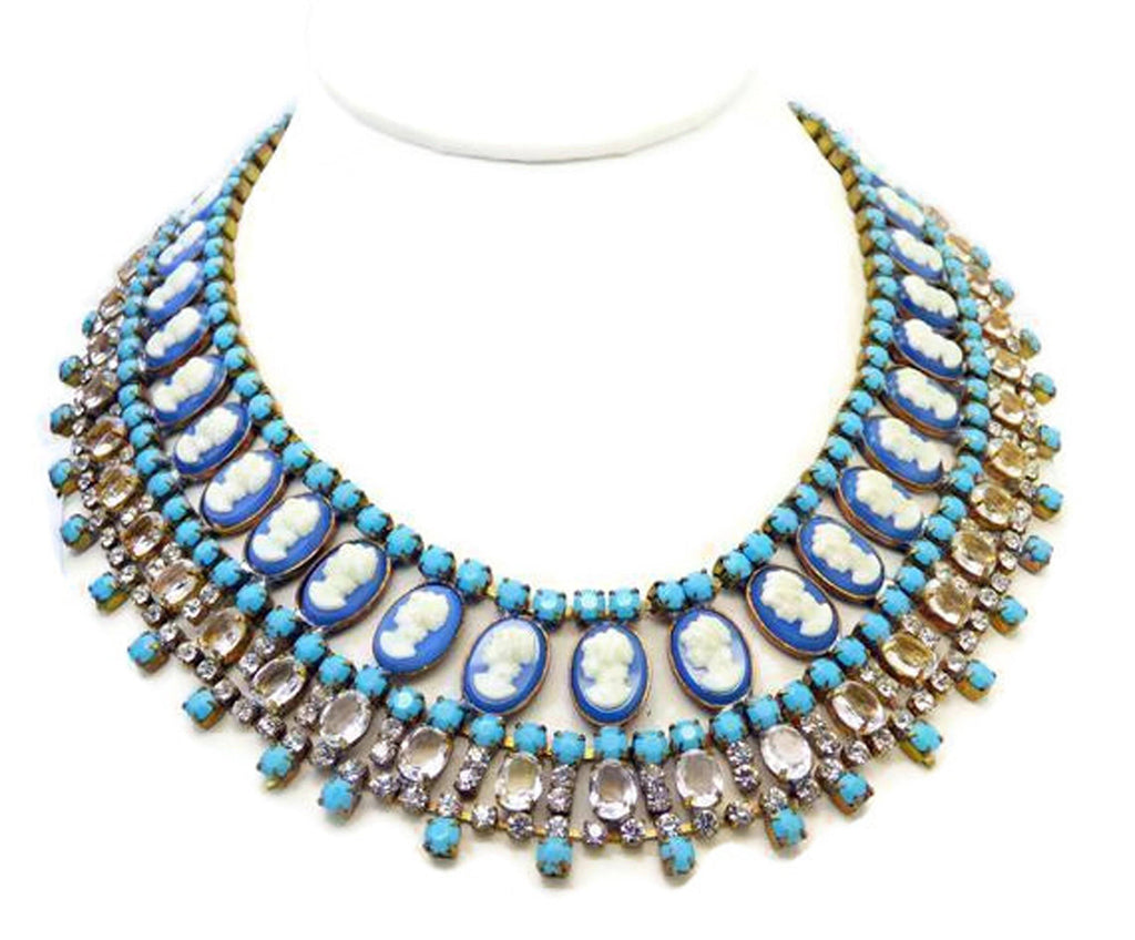 Blue Cameo and Clear Rhinestone Czech Rhinestone Bib Necklace