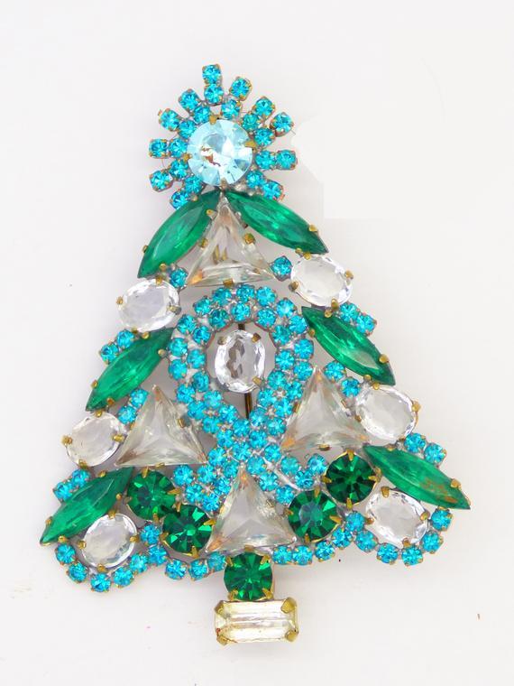 Husar D Czech Glass Green, Aqua and Clear Rhinestone Christmas Tree Pin