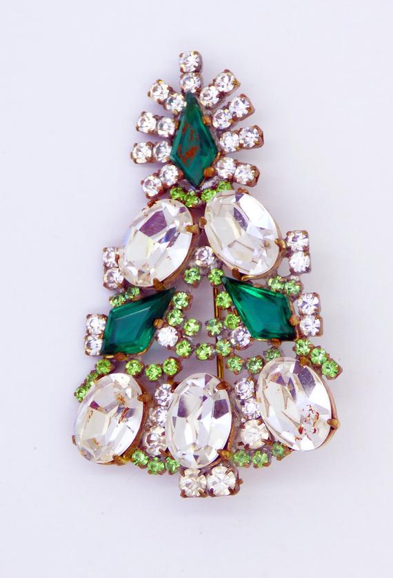 Husar D Czech Glass Green and Clear Rhinestone Christmas Tree Pin