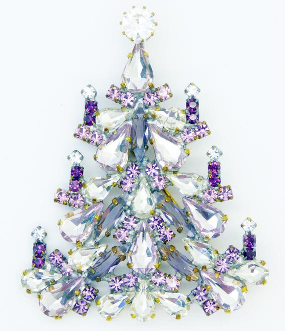 Czech Glass Purple and Clear Christmas Tree Brooch, Vintage Rhinestones Xmas Tree Pin