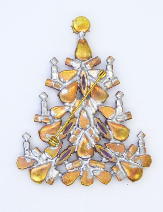 Czech Glass Purple and Clear Christmas Tree Brooch, Vintage Rhinestones Xmas Tree Pin - Vintage Lane Jewelry