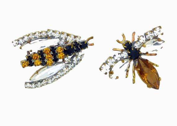 Czech Glass Rhinestone Hornet and Bee Pins