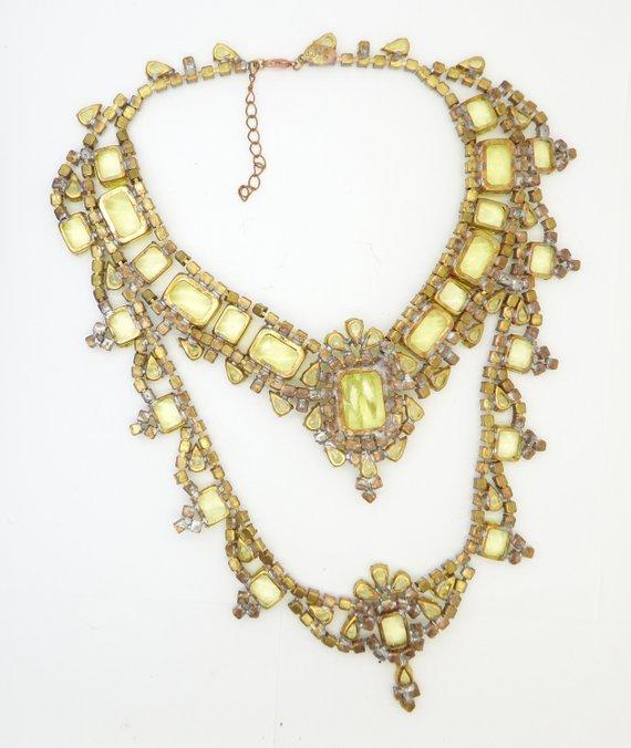 Czech Husar D Vaseline Uranium Glass Statement Necklace - Vintage Lane Jewelry