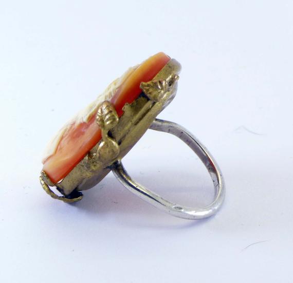 Art Deco Carved Shell Cameo Gilt Ring - Vintage Lane Jewelry