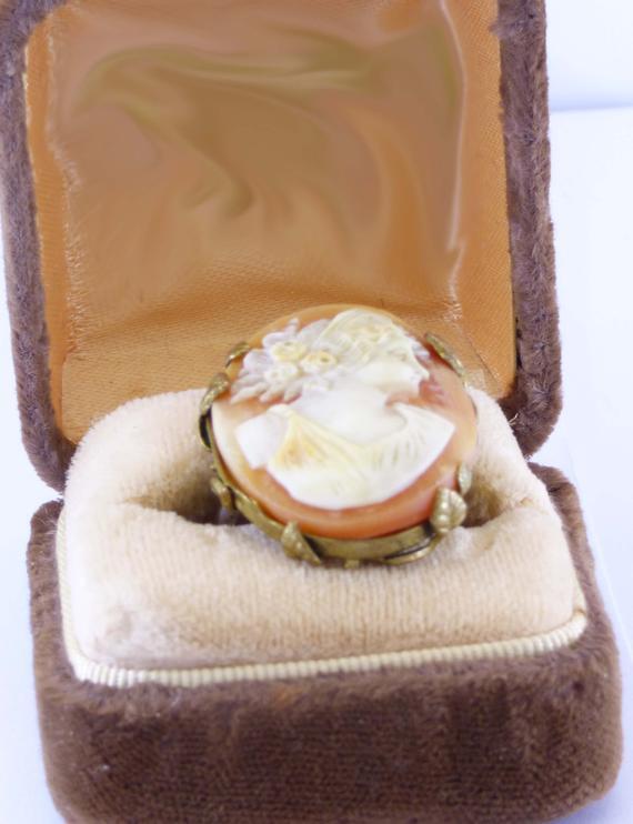 Art Deco Carved Shell Cameo Gilt Ring - Vintage Lane Jewelry