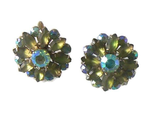 Coro Frosted Green Marquis & Aurora Borealis Earrings