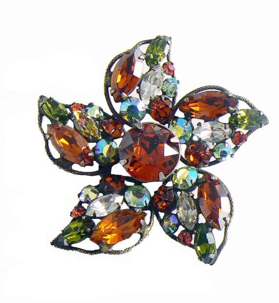 Vintage Regency Earth Tones Rhinestone Brooch
