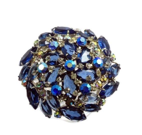 Juliana High Domed Blue and AB Rhinestone Large Rhodium Plated Brooch