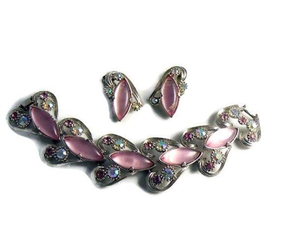 Rhinestone Pink Lucite Selro Bracelet Earrings