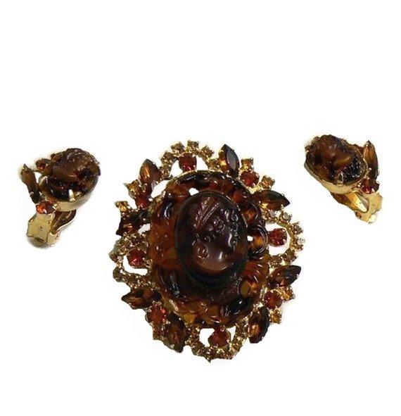 Juliana Book Piece Faux Tortoise Shell Cameo Rhinestone Brooch and Clip Earring Set