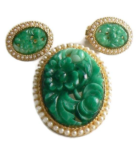 Hobe Poured Green Glass Seed Pearl Demi Parure