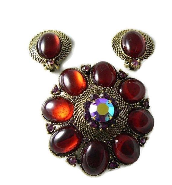 Gorgeous Red Lucite Pink Rhinestone Gold Mesh Demi Parure