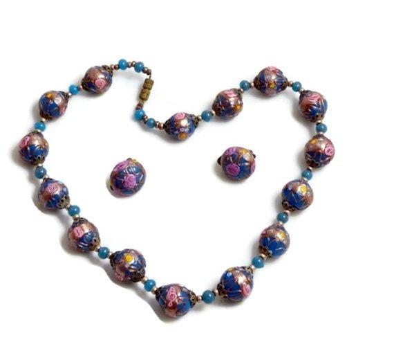 Venetian Wedding Cake Blue Necklace and Matching Clip Earrings