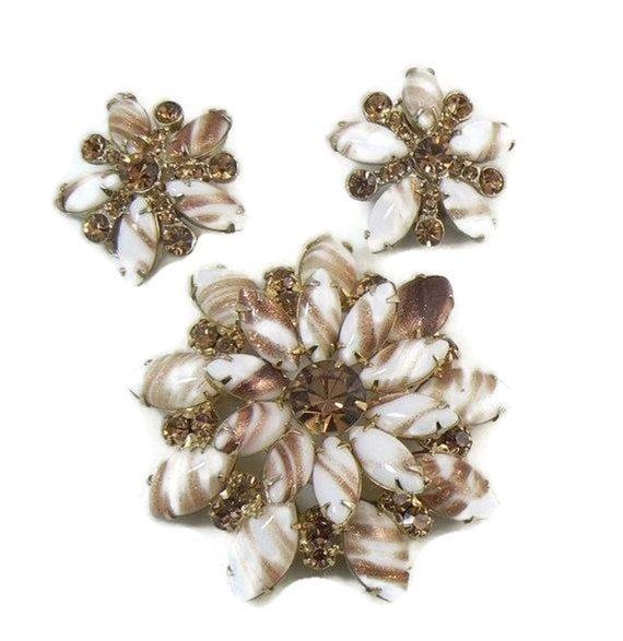 Juliana D & E Gold Fluss Topaz Rhinestone Brooch Earring Verified Book Piece Set