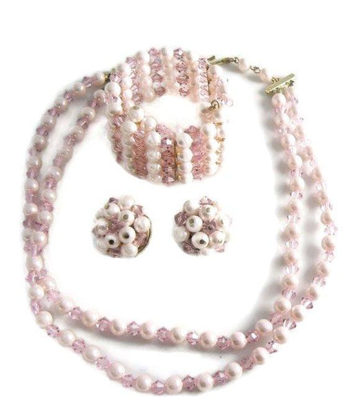 Faux Pearl and Pink Crystal Two Strand Necklace - Vintage Renude