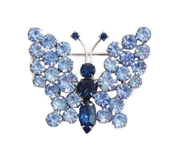 Butterfly Brooch Blue Rhinestones, figural pin, juliana style